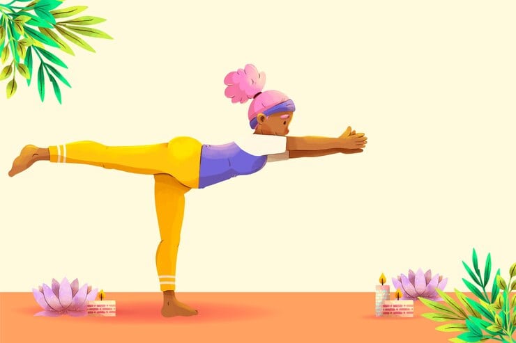 A serene illustration of a woman practicing yoga, showcasing balance and tranquility in a peaceful setting